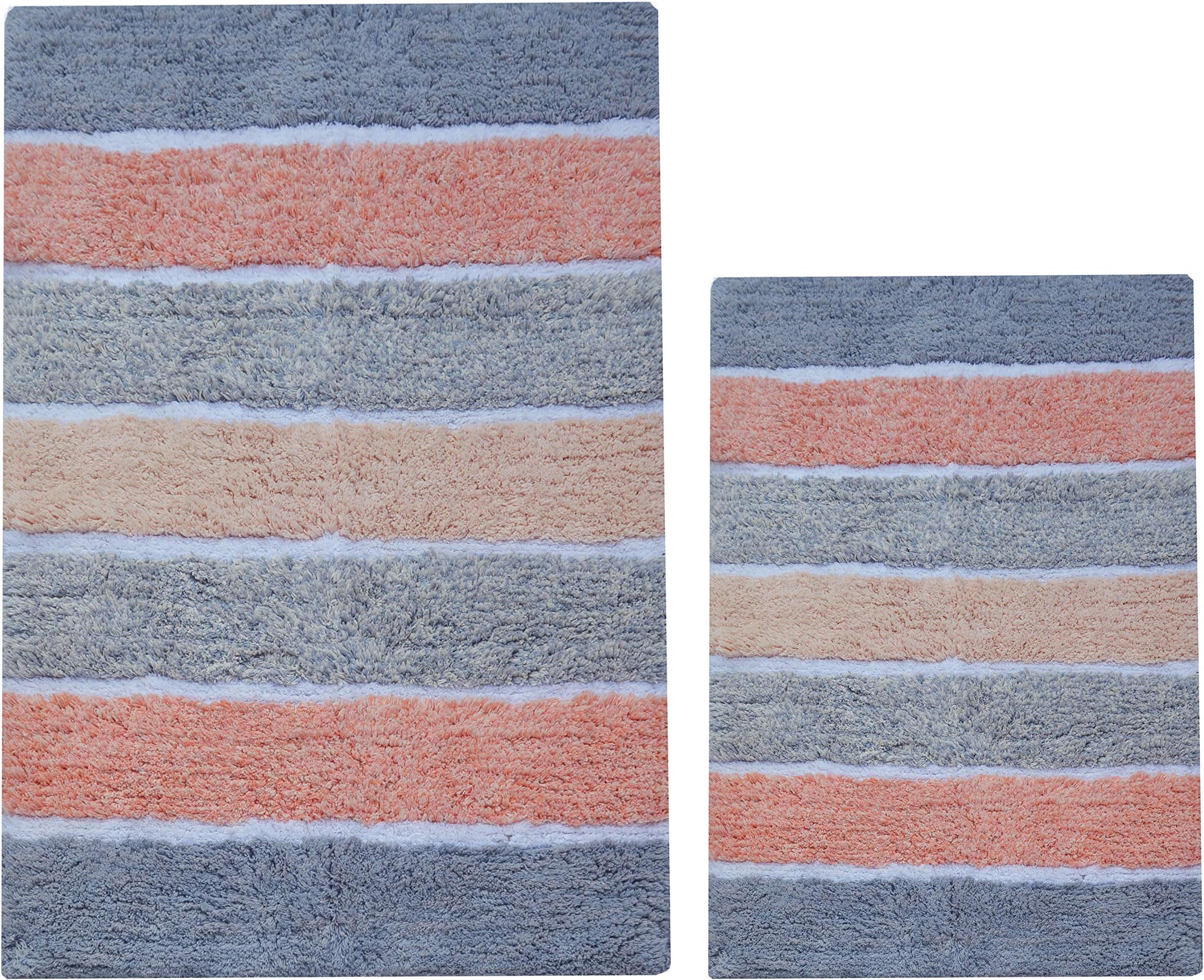Chardin home - 100% Pure Cotton - 2 Piece Cordural Stripe Bath Rug Set, (24''x40'' & 21''x34'') (Lavender Gray and Coral Pink)