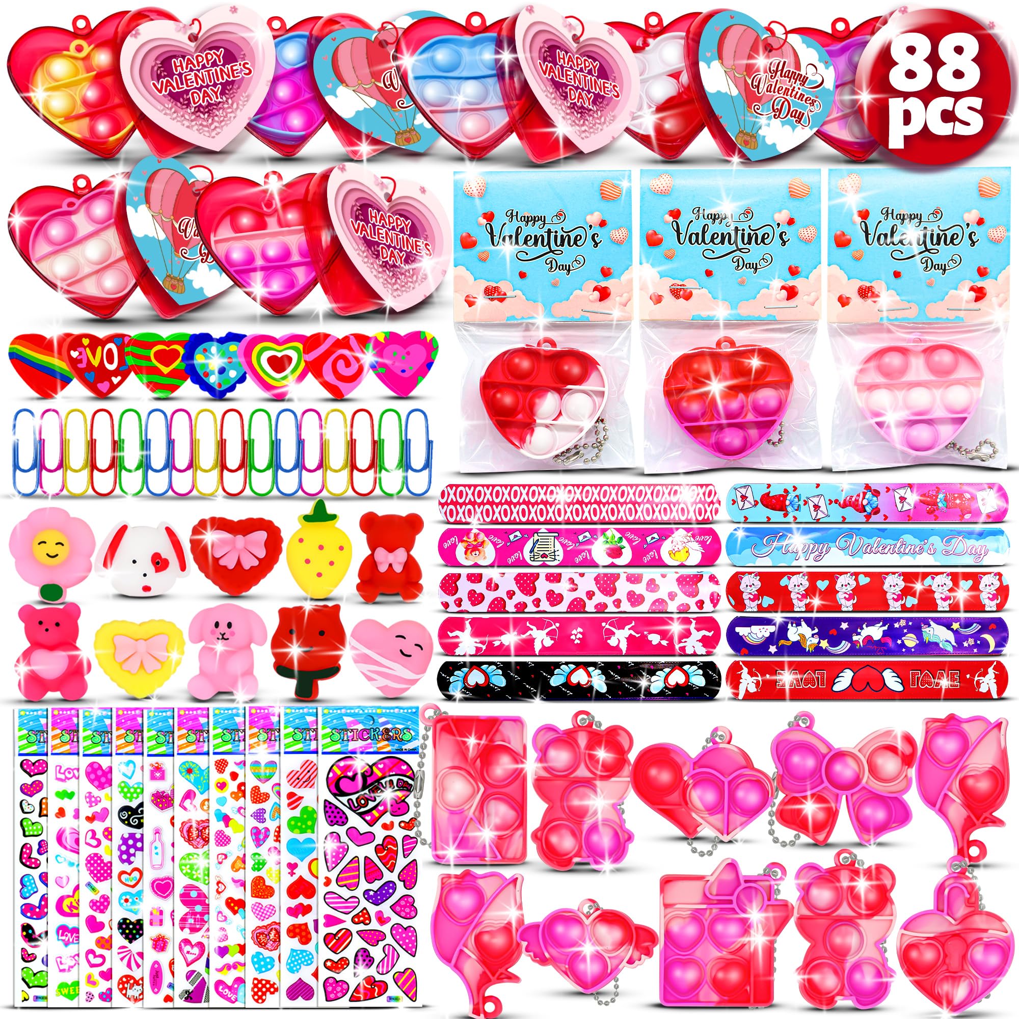 88PCS Valentine's Party Favors for Kids Prefilled Heart Pop Fidget Toys with Valentine's Cards Valentine Exchange for Classroom School for Kids Mini Pop Keychain Valentine's Day Prize Toys