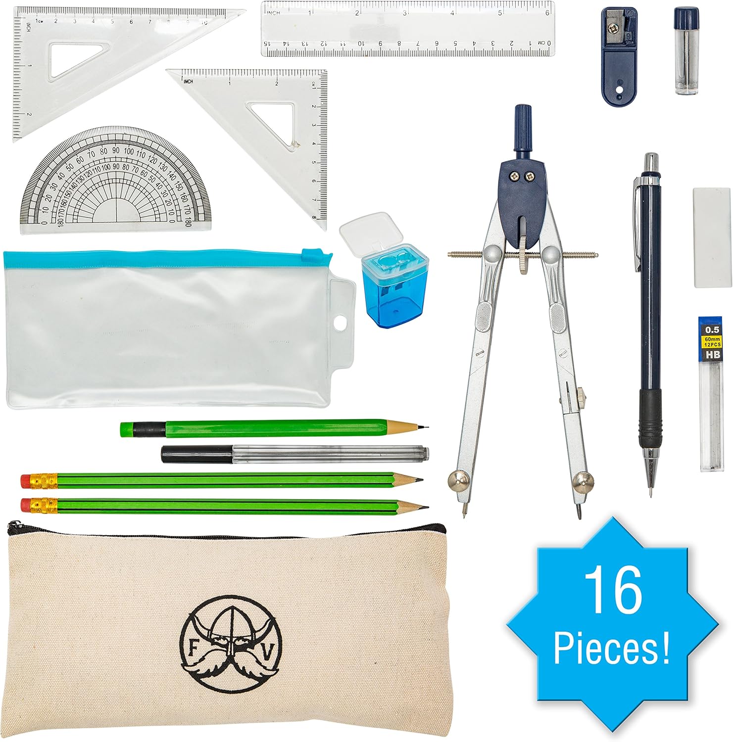 Protractor and Compass Set with Ruler, Set Square, Protractor, Compass for Geometry, Pencils, Pencil Case, Mechanical Pencil, Pencil Sharpener, Eraser and Lead : Office Products