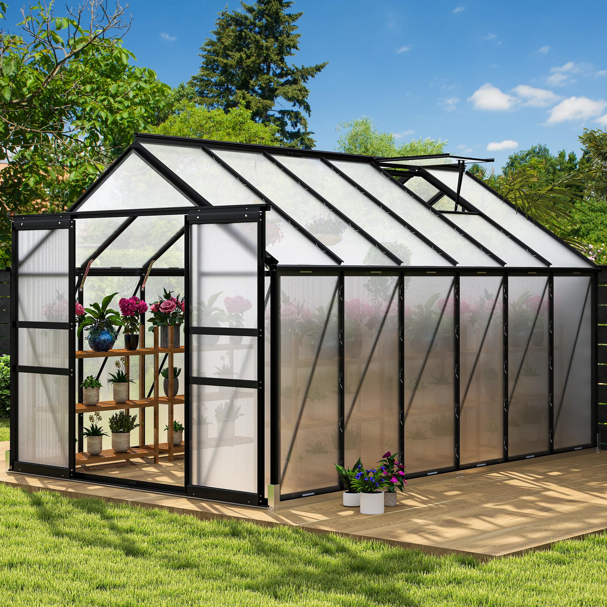Photo 1 of **** JUST Polycarbonate*** DWVO 8x12FT Polycarbonate Greenhouse for Outdoors, with Sliding Doors and Vent Window, Walk-in Greenhouse Large Sun House for Garden Backyard, Black **** JUST Polycarbonate***