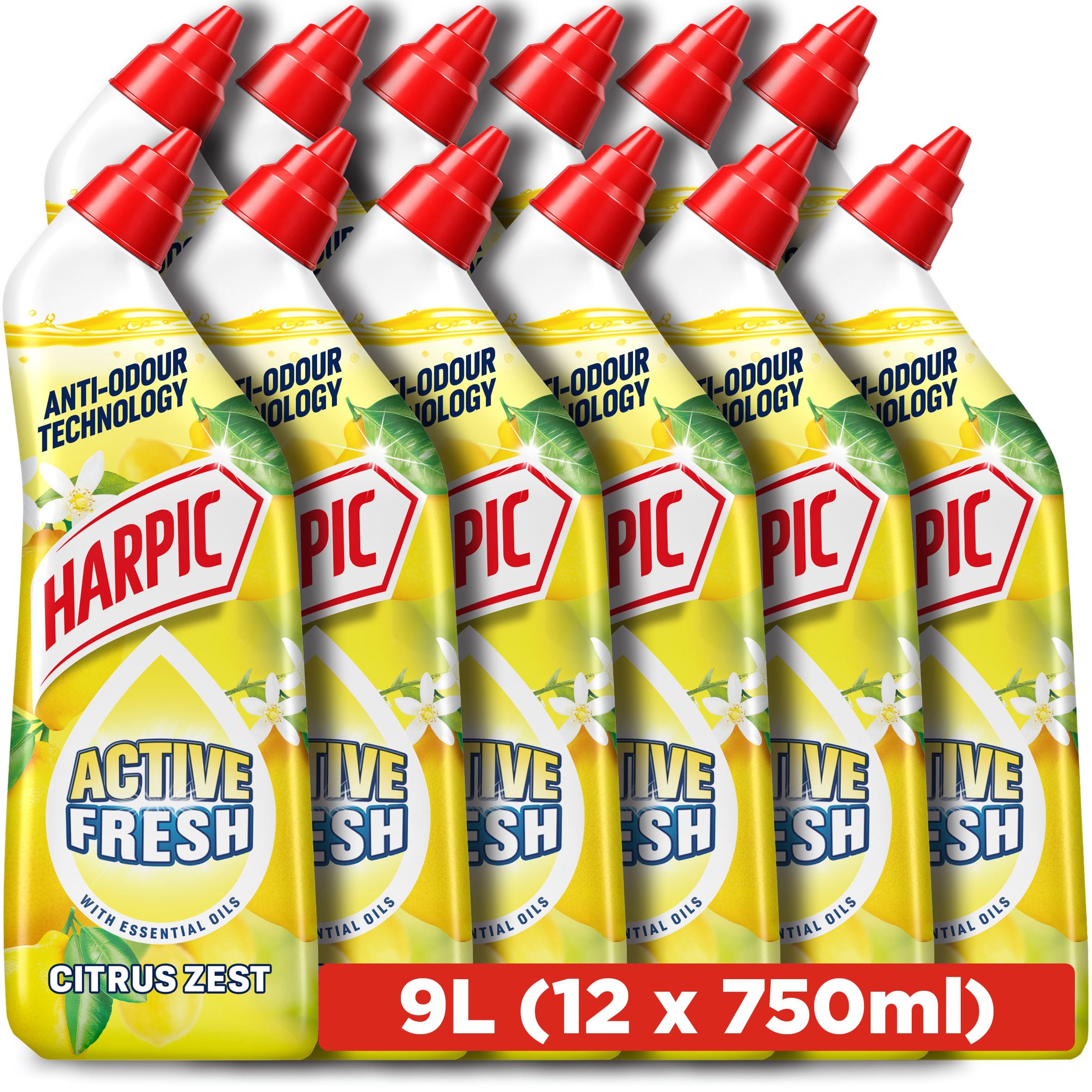Harpic Active Fresh Toilet Cleaning Gel, Citrus Zest, 750ml (12 x 750ml, Total 9.0L), with Essential Oils, Anti-odour, Toilet Cleaner, Kills 99.9% of Bacteria