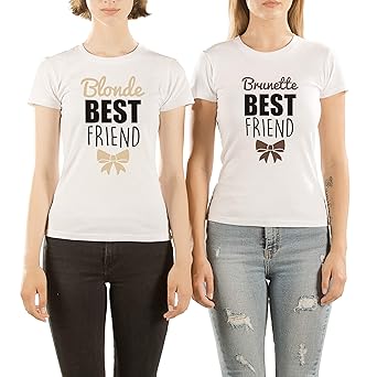 VIVAMAKE® 2 Freunde Mädchen T Shirt Set für Damen mit Lustige Aufdruck Blonde and Brunette Are Best Friends