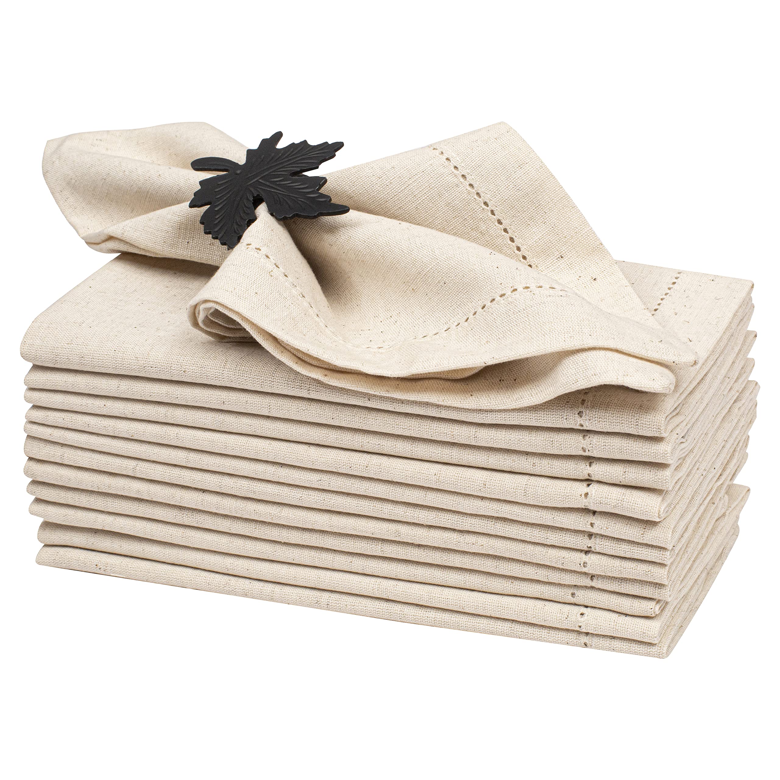 Flax Cotton Dinner Napkins - 12 Pack, 18x18 Inch (45x45 Cm), Hemstitched, Natural Color, Wedding & Cocktail Napkins, Mitered Corners, Machine Washable