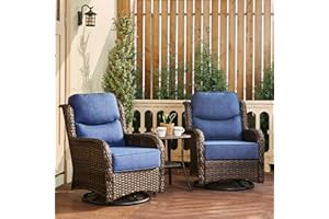 HILLGA Luxury Outdoor Swivel Rocker Patio Chairs of 2 with 6 Inch Thick Cushions and Side Table, Swivel Outdoor Chairs 3PCS High Back Wicker Patio Furniture Set for Porch, Balcony, Deck in Blue