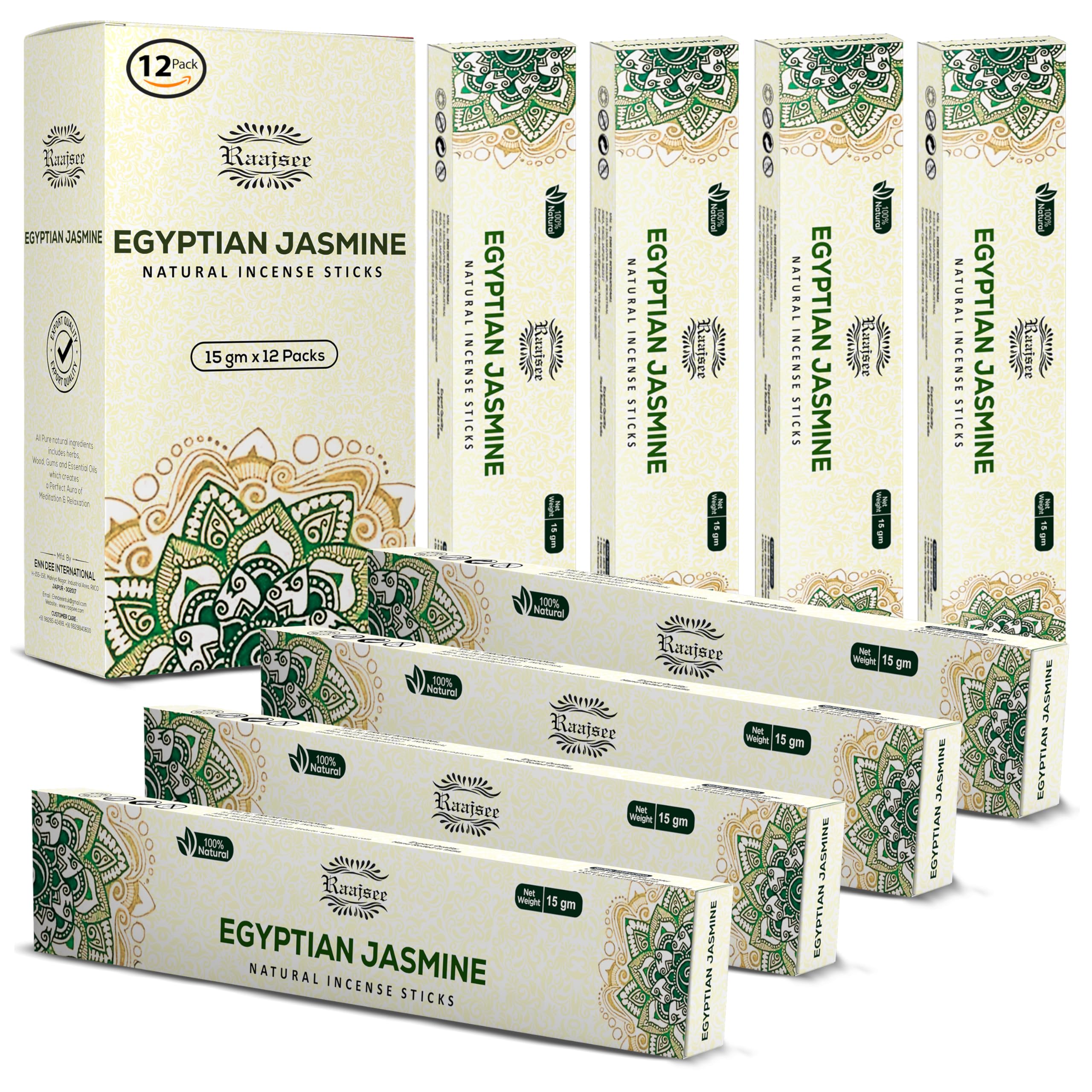 Raajsee Jasmine Incense Sticks 12 Pack Set 15gm Each, -100% Organic Hand Rolled- Perfect for Church,Aromatherapy,Relaxation Meditation (Jasmine)