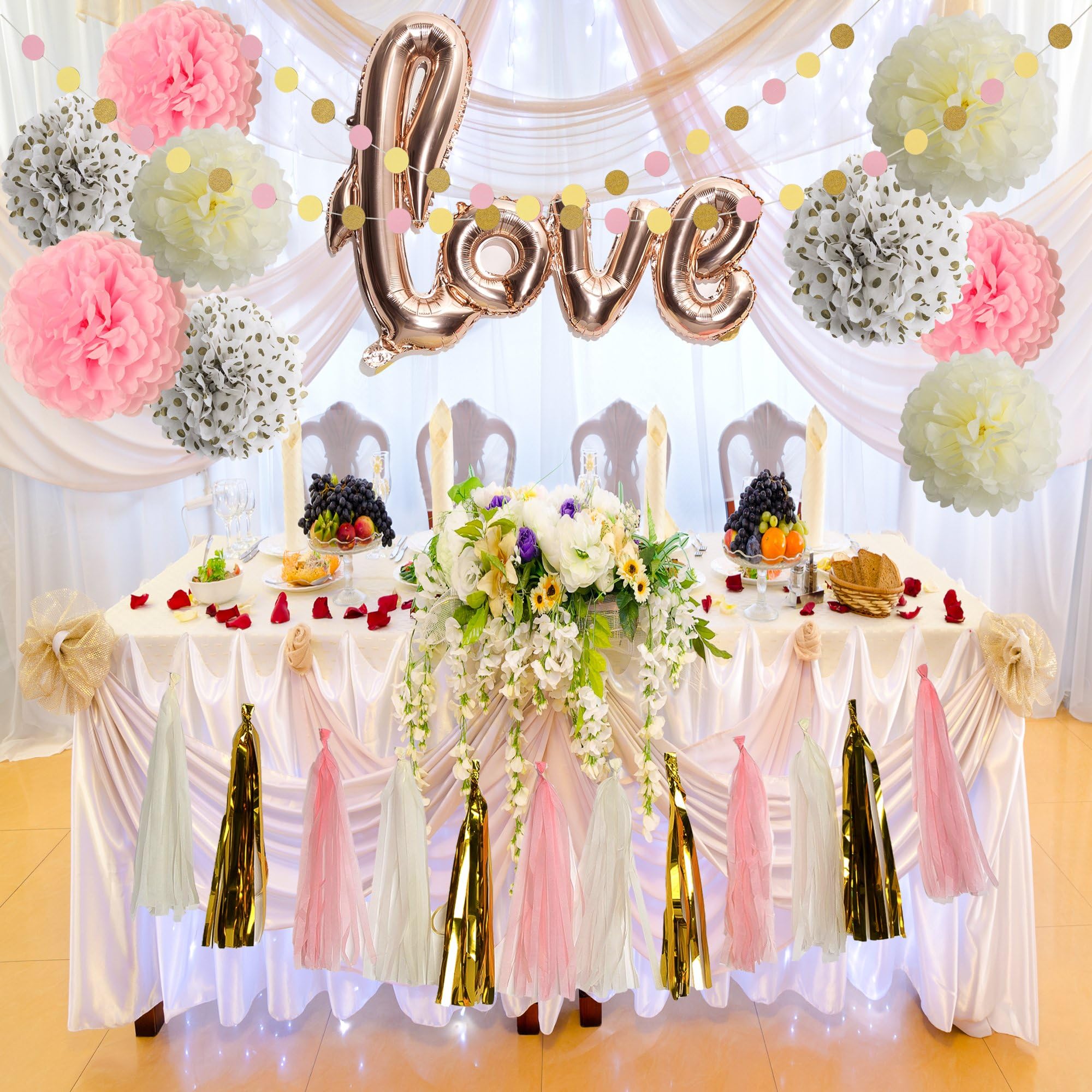 Gustawarm Bridal Shower Decorations Love Balloons Rose Gold Tissue Paper Pom Poms Flowers Tassel Paper Garland Pink And Gold Party Supplies Kit
