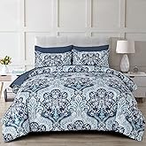 Drucon Paisley Comforter Set Queen Size, 7 Pieces Bed in a Bag Blue Boho Comforter, Soft Lightweight Microfiber Bedding Set (1 Comforter, 1 Flat Sheet, 1 Fitted Sheet, 2 Pillow Shams, 2 Pillowcases)