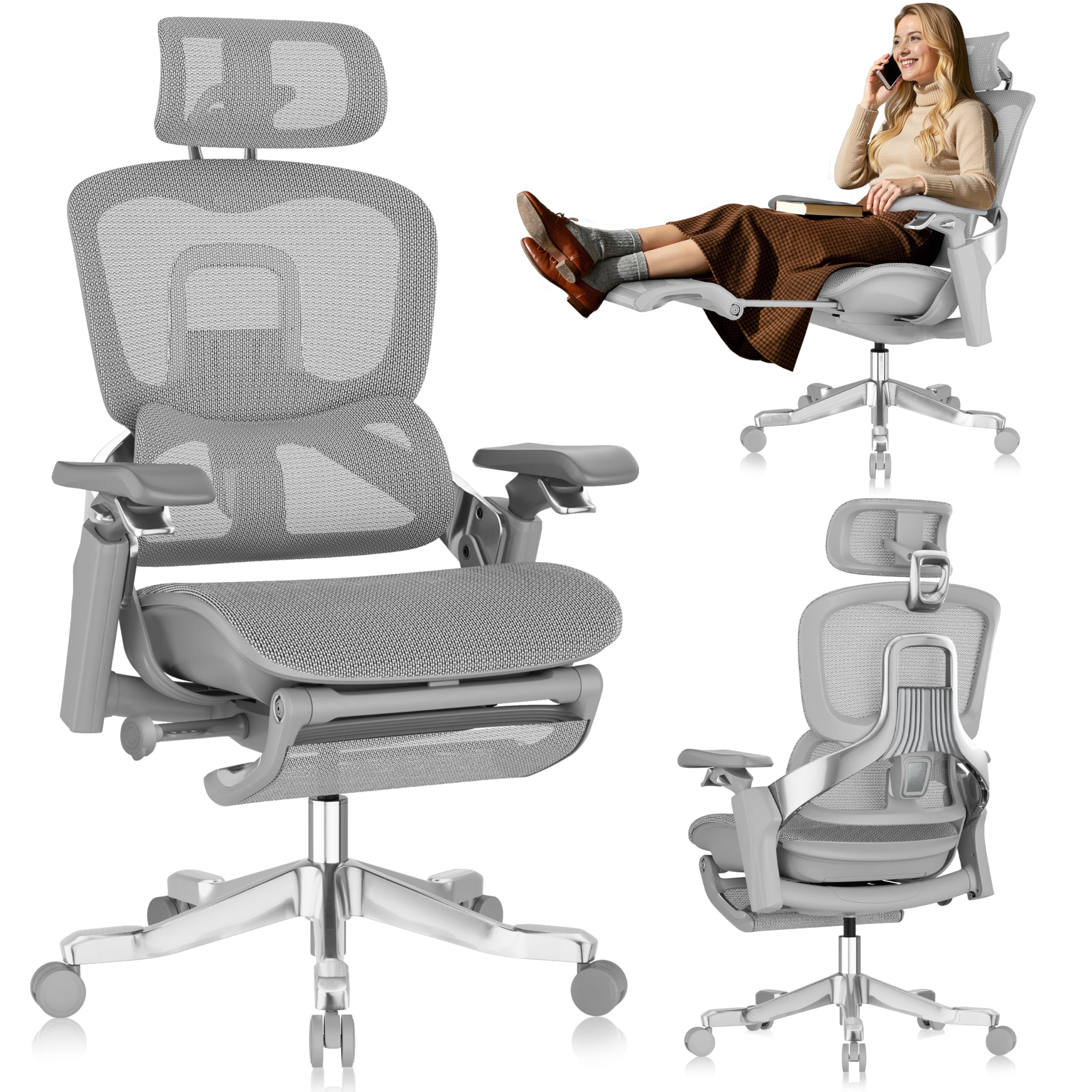 Photo 1 of GABRYLLY Ergonomic Office Chair, Home Mesh Desk Chair with Sync Lumbar Support & Sliding Seat, 4D Arm, 150° Recline, Adjustable Back,Big & Tall Computer Chair-Footrest,Aluminum Base, Gray,FLOW550