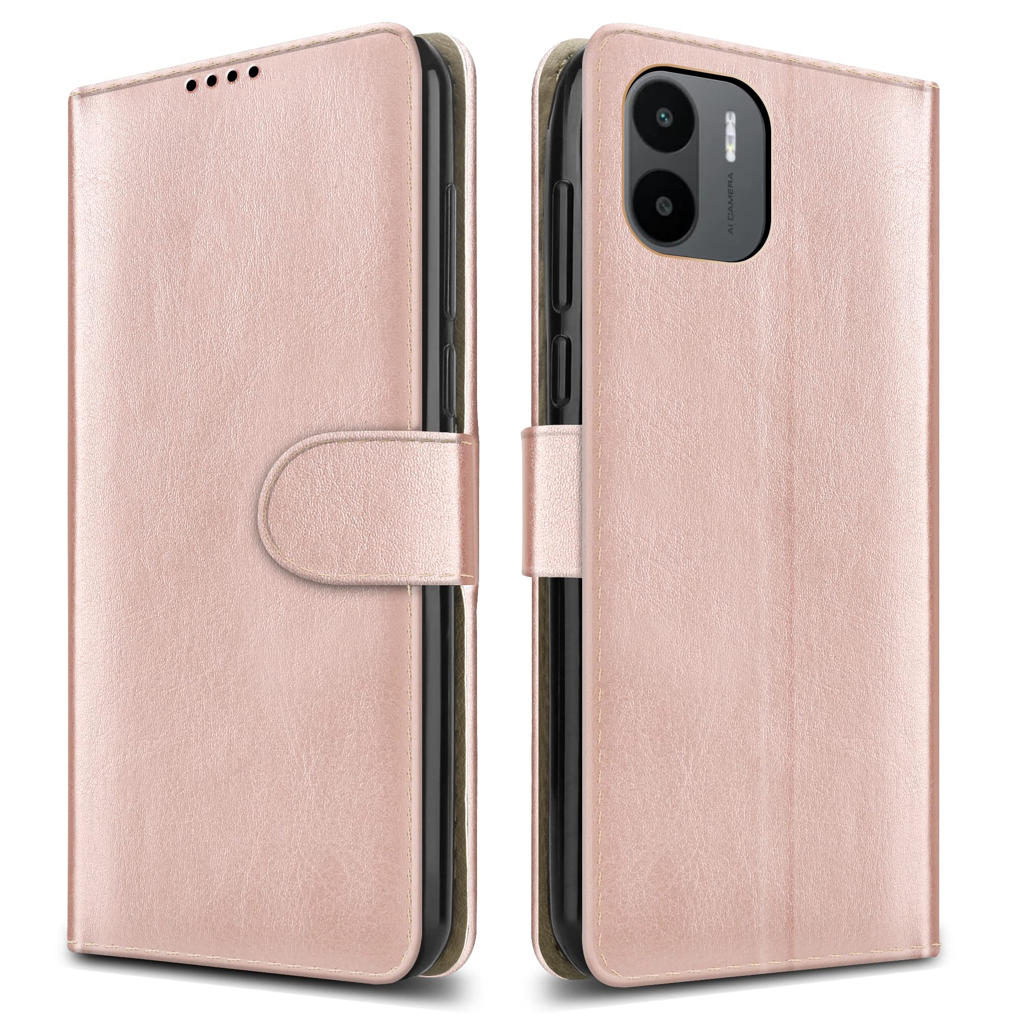 PIXFAB For Xiaomi Redmi A1 / Redmi A2 Leather Phone Case, Magnetic Closure Full Protection Book Folio Design, Wallet Case Cover [Card Slots] and [Kickstand] For Xiaomi Redmi A1 - Rose Gold