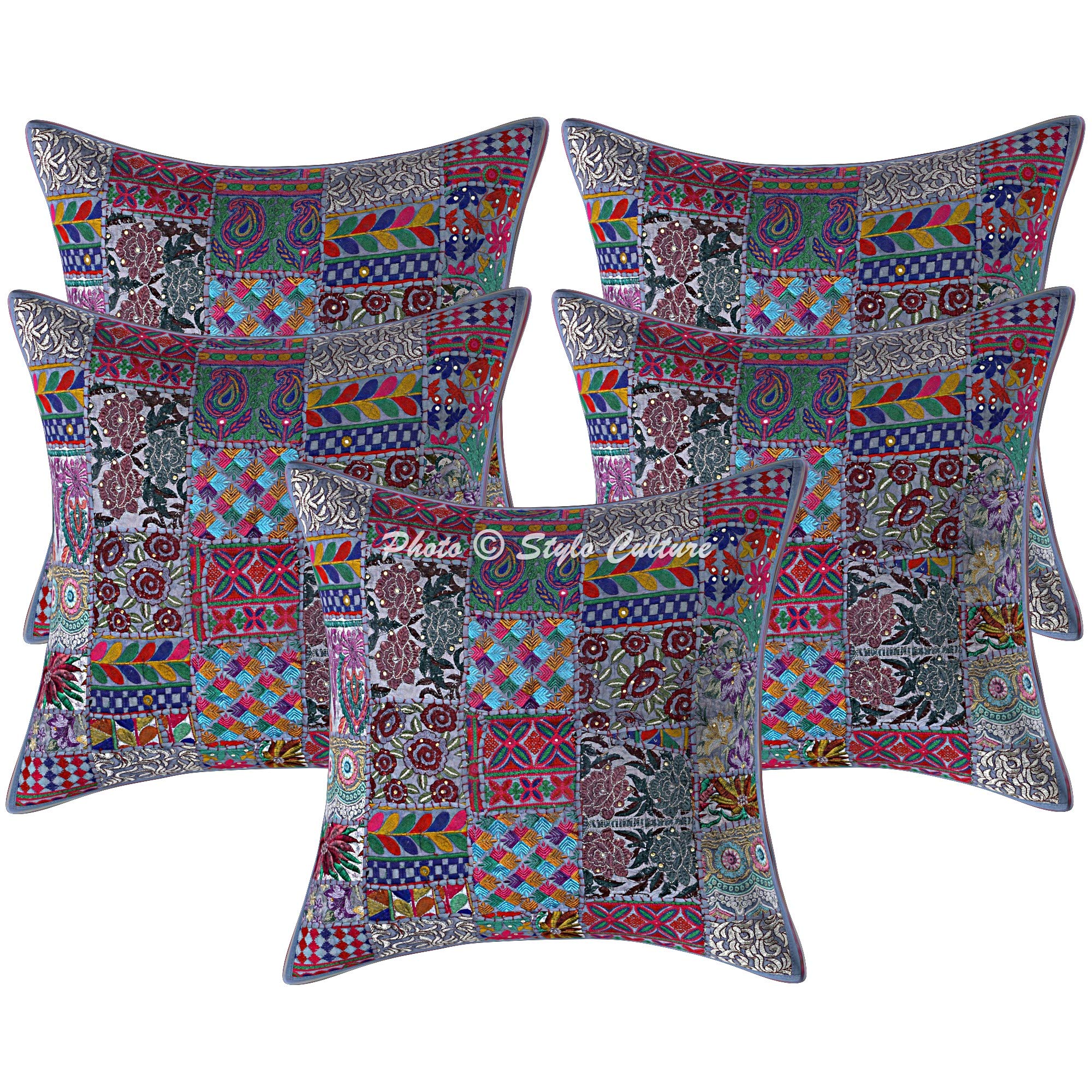 Stylo Culture Ethnic Cotton Vintage Fabric Patchwork Boho Cushion Covers 24 x 24 Inch Large Grey Abstract 60 x 60 cm Embroidered Square Decorative Floral Throw Pillow Cases - (Set Of 5 Pcs)