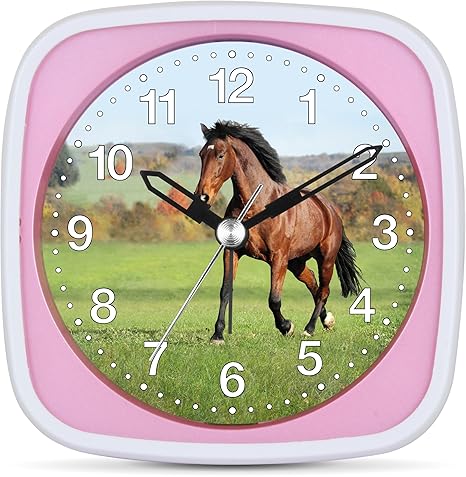 Eurotime Kinder Wecker für Mädchen mit Pferde-Motiv, Kunststoffgehäuse und Kunststoffglas, geräuscharmer Wecker, kein Ticken,