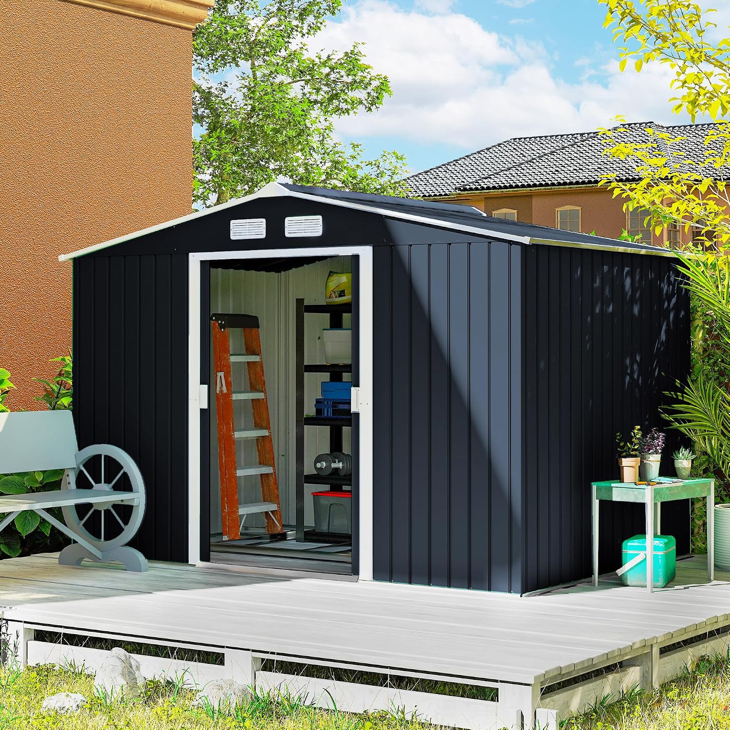 Outsunny 9' x 6' Garden Storage Shed with Foundation Kit, Metal Tool Storage House with Double Doors for Outdoor Patio Yard, Dark Grey