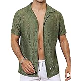 Csqopt Mens Sexy Lace Shirt Casual Button Down Hollow Out Sheer See Through Short Sleeve Beach Shirts