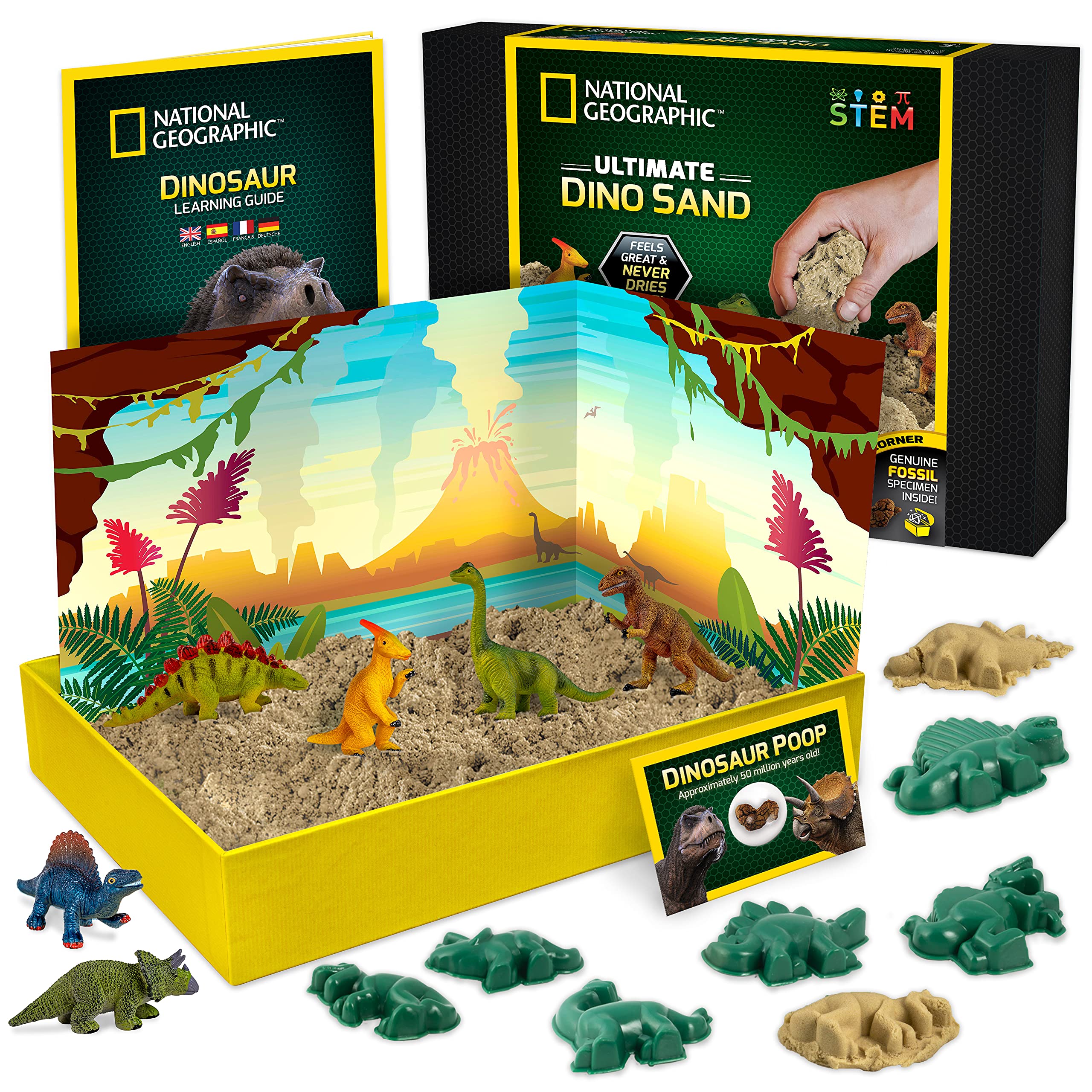National Geographic Ultimate Dino Kinetic Sand for Kids - Satisfying Toys With 6 Awesome Moulds and Figures | STEM Dinosaur Sand for Children | Creative Toys for Girls and Boys | 2lbs
