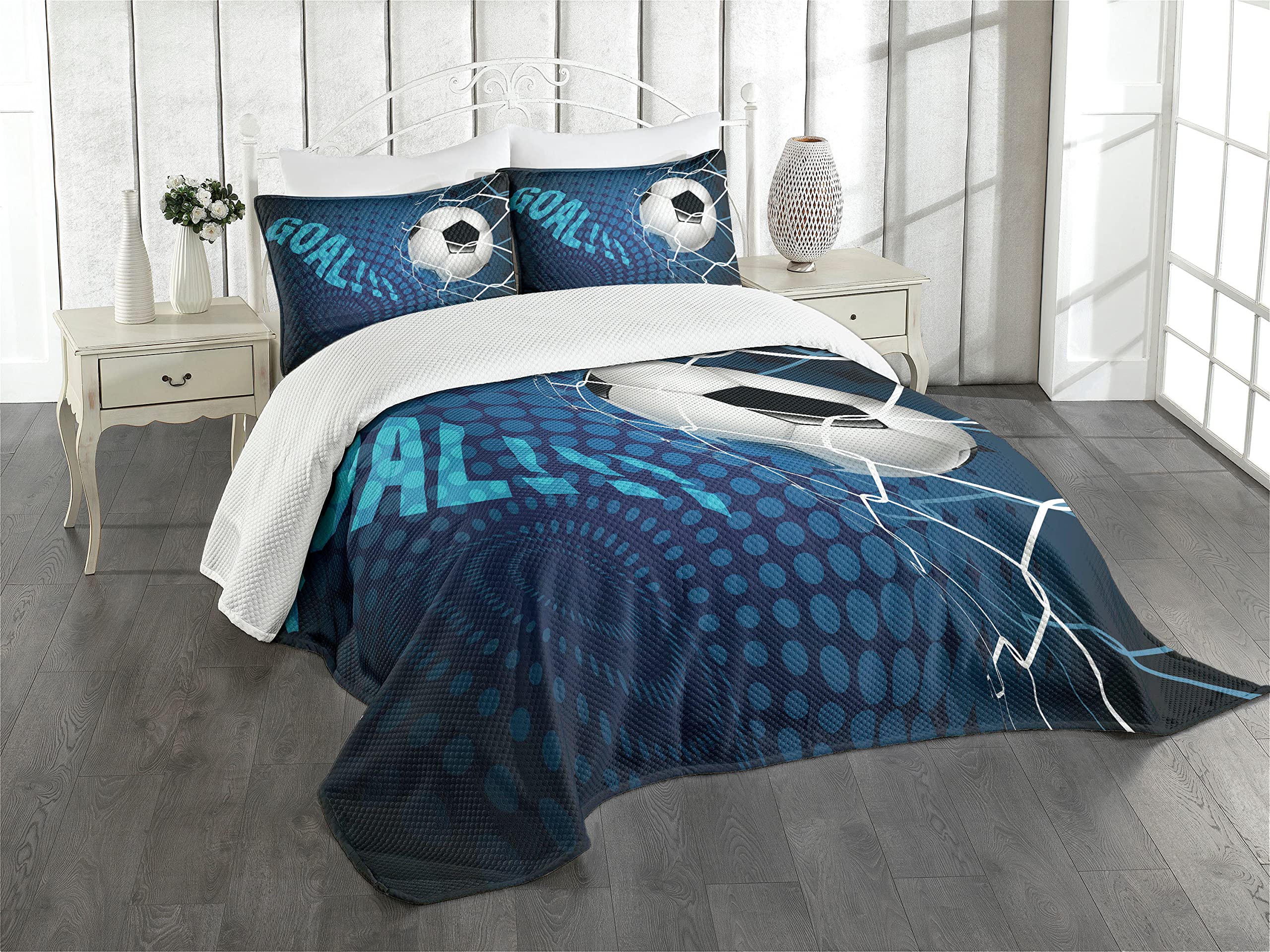 ABAKUHAUS Soccer Bedspread Set, Abstract Goal Pattern, Decorative Quilted 3 Piece Coverlet Set with 2 Pillow Shams, Blue Black