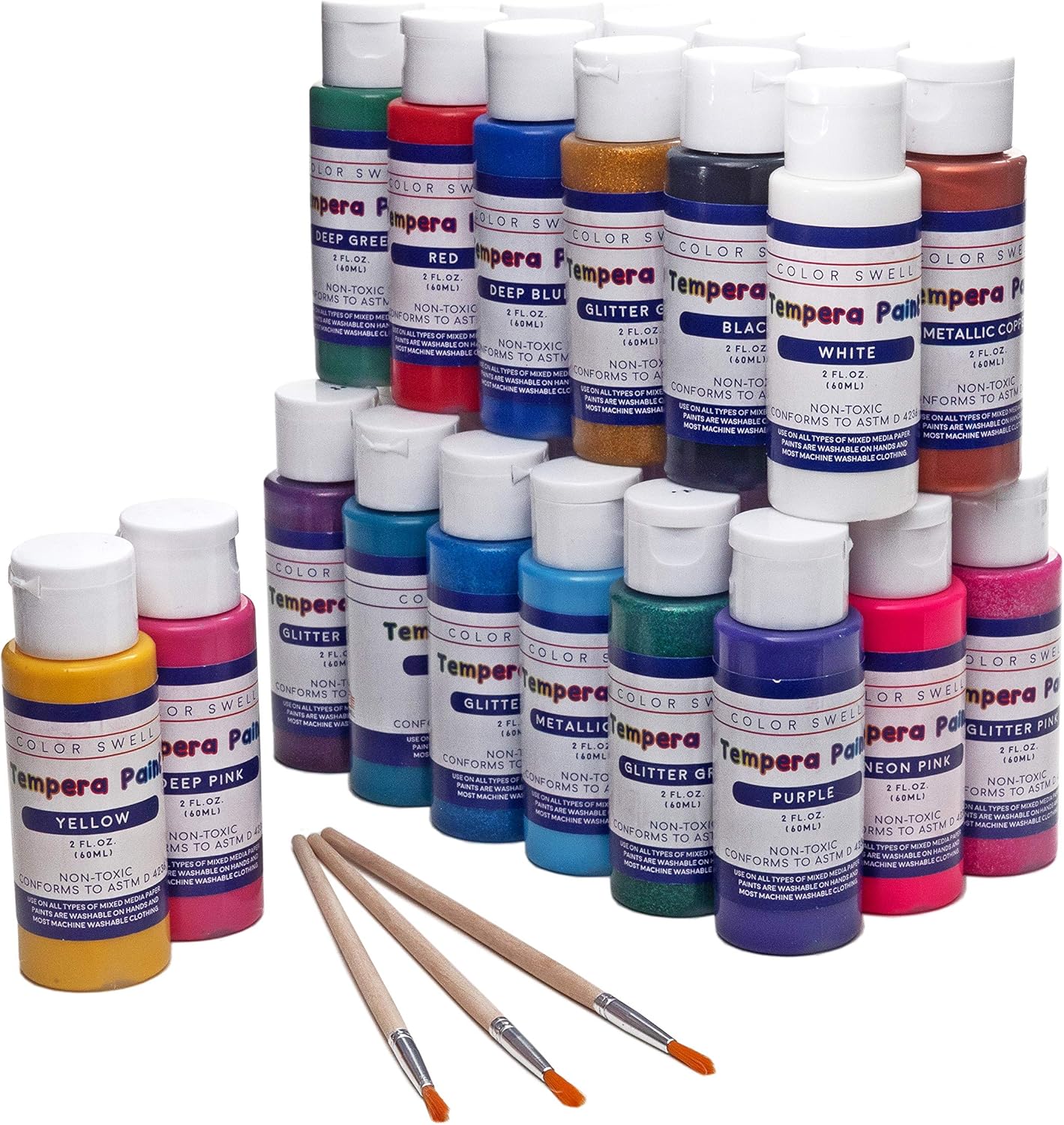 Color Swell Washable Tempera Paint Set - 30 Colors in 2 oz Bottles are Perfect for Kids Adults Parties Students Classroom Bulk