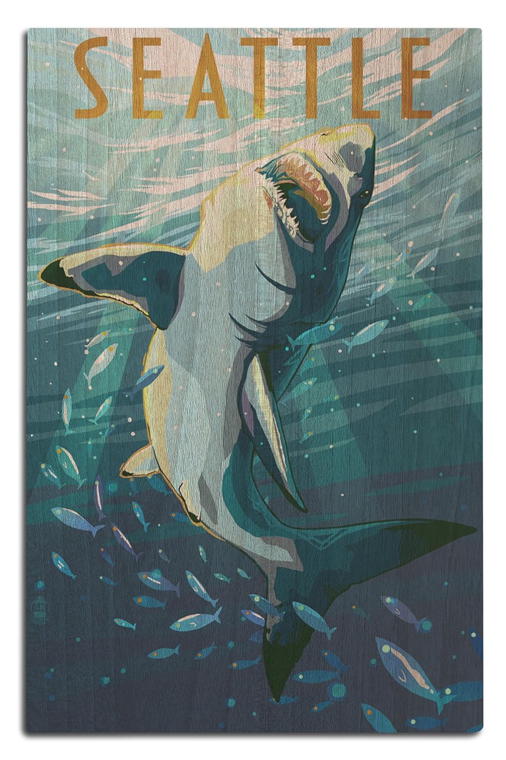 Seattle, Washington - Great White Shark (12x18 Wood Wall Sign, Wall Decor Ready to Hang)
