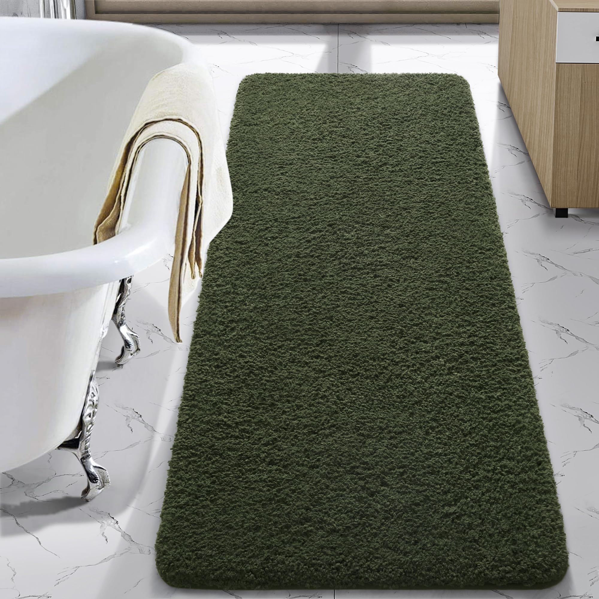 LOCHAS Bathroom Rug Runner 24x48 Inch, Soft Thick Absorbent Microfiber Bath Rugs for Bathroom, Machine Washable, Shaggy Plush Non Slip Bath Mat for Tub, Shower Floor, Quick Dry Mats, Olive Green