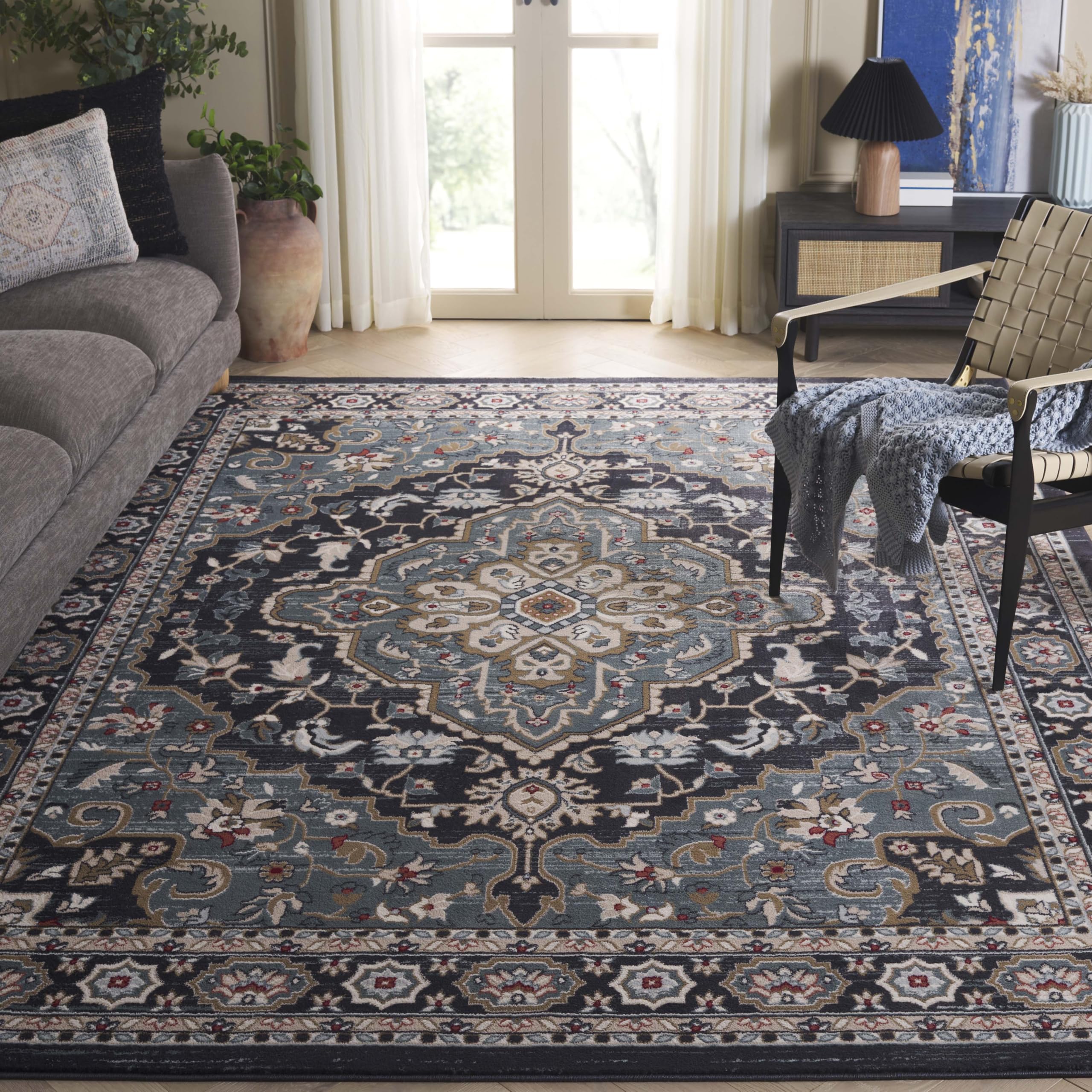 SAFAVIEH Lyndhurst Collection Area Rug - 10' x 14', Anthracite/Teal, Geometric Design, Ideal for High Traffic Areas in Living Room, Bedroom, Dining (LNH338C) Image