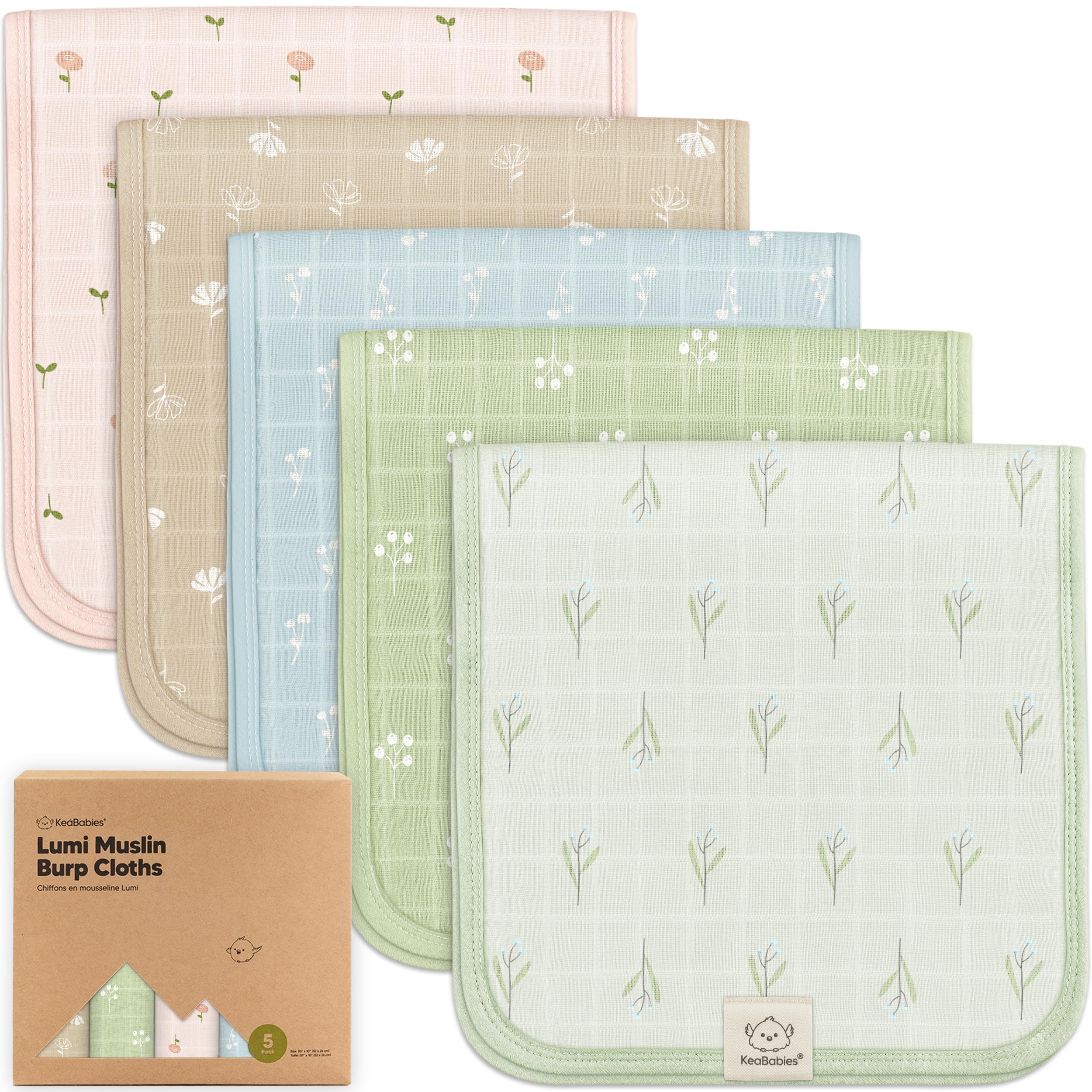 Photo 1 of 5-Pack Cotton Muslin Burp Cloths Baby Girls, Boys - Soft & Absorbent Spit Up Burp Rags, Large Muslin Towel, Cotton Wash Cloths for Babies, Newborn, Infant, No Shrink, Durable, Neutral (Wild Bloom)
