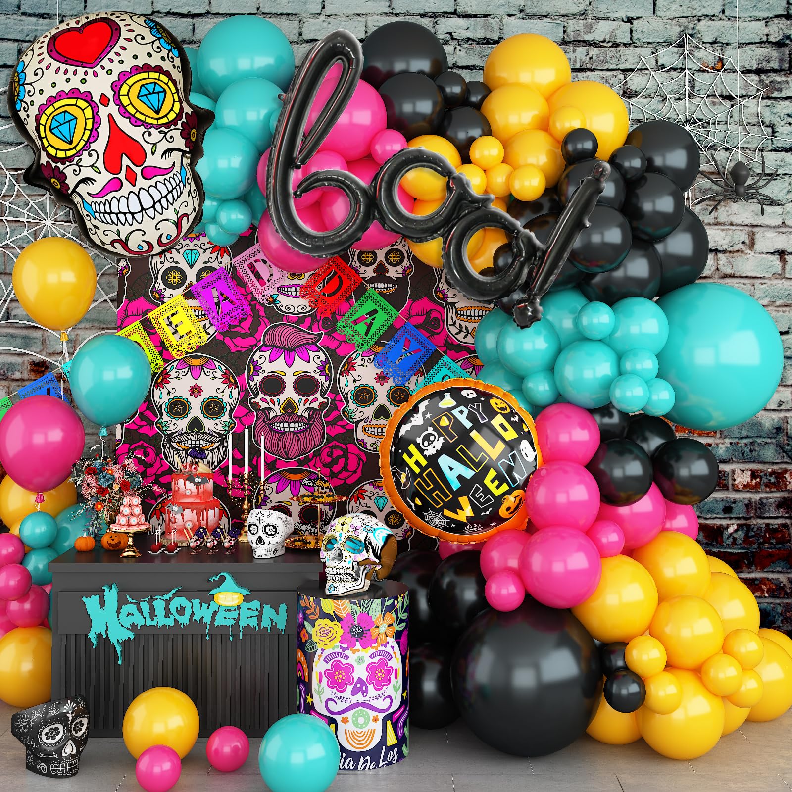 Day of the Dead Balloon Arch, Colorful Dia De Los Muertos Decorations Balloons Garland Kit with Sugar Mexican Skull BOO Round Halloween Foil Balloons for Mexican Fiesta Altar Festival Party Supplies