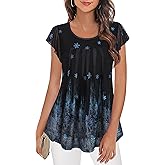 Furnex Women's Short Sleeve Tunic Shirt Pleated Mesh Blouses Summer Floral Tops