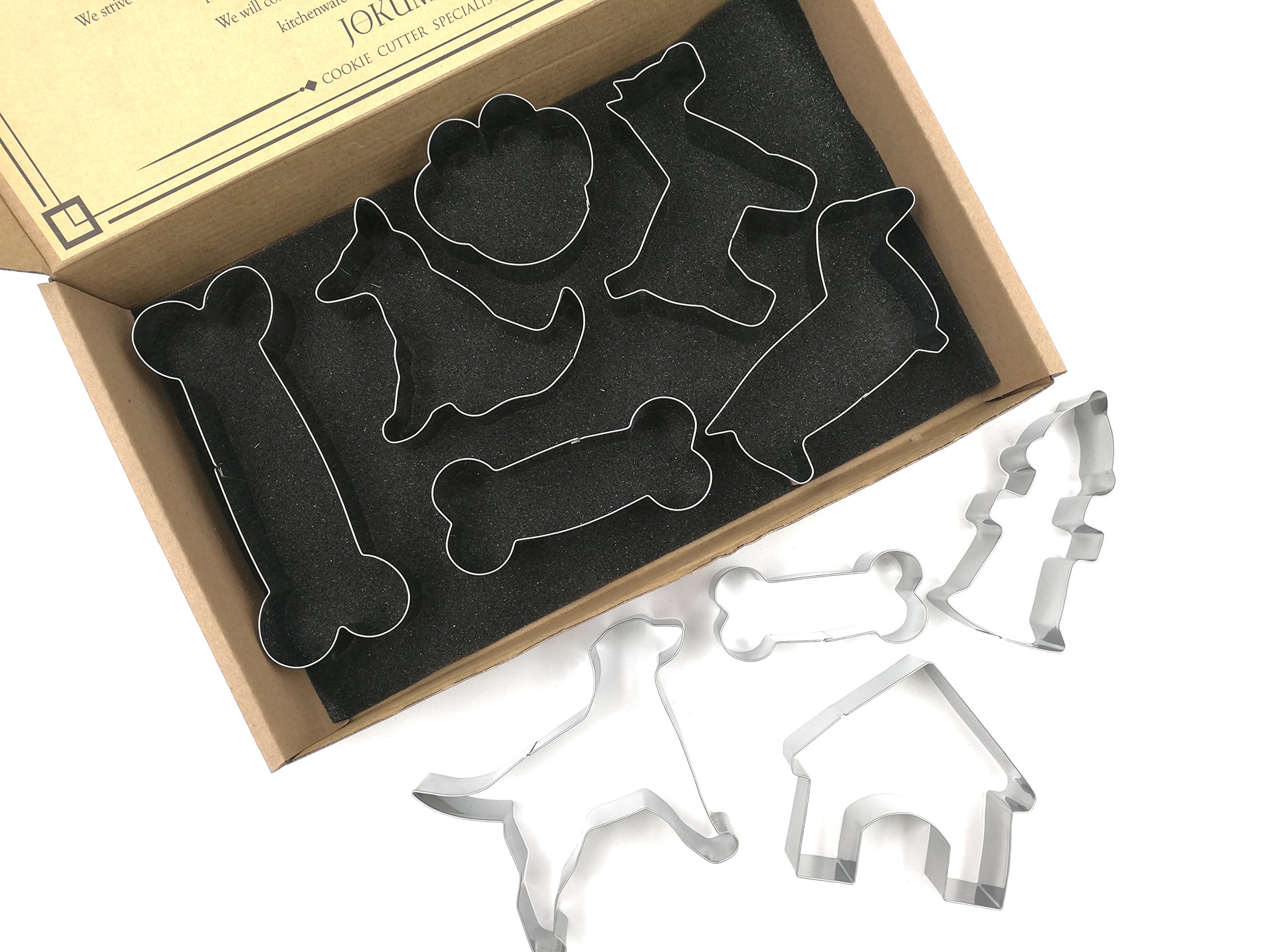 JOKUMO Dog Friends Complete Cookie Cutter Set - 10 Pieces - High Grade 430 Stainless Steel - Golden Retriever, Miniature Schnauzer, Dachshund, Dog House, Fire Hydrant, Dog Bones and More