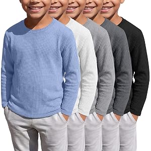 Custoneei 5 Pack Toddler Boy's Long Sleeve Shirts | Waffle Knit, Crewneck Tops, Loose Fit, Cotton, Basic, Sweatshirts, Soft,
