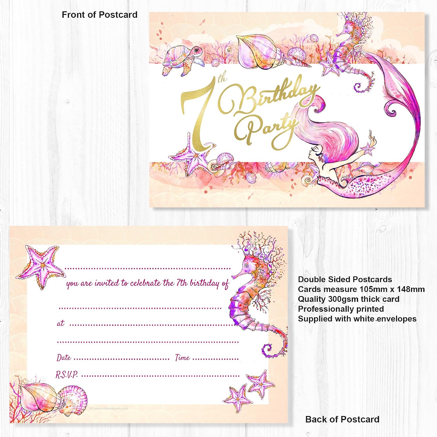 Olivia Samuel 20 x Mermaid 7th Birthday Party Invitations from Ready to Write with Envelopes, Pink, Coral, Pack20 - Image 3
