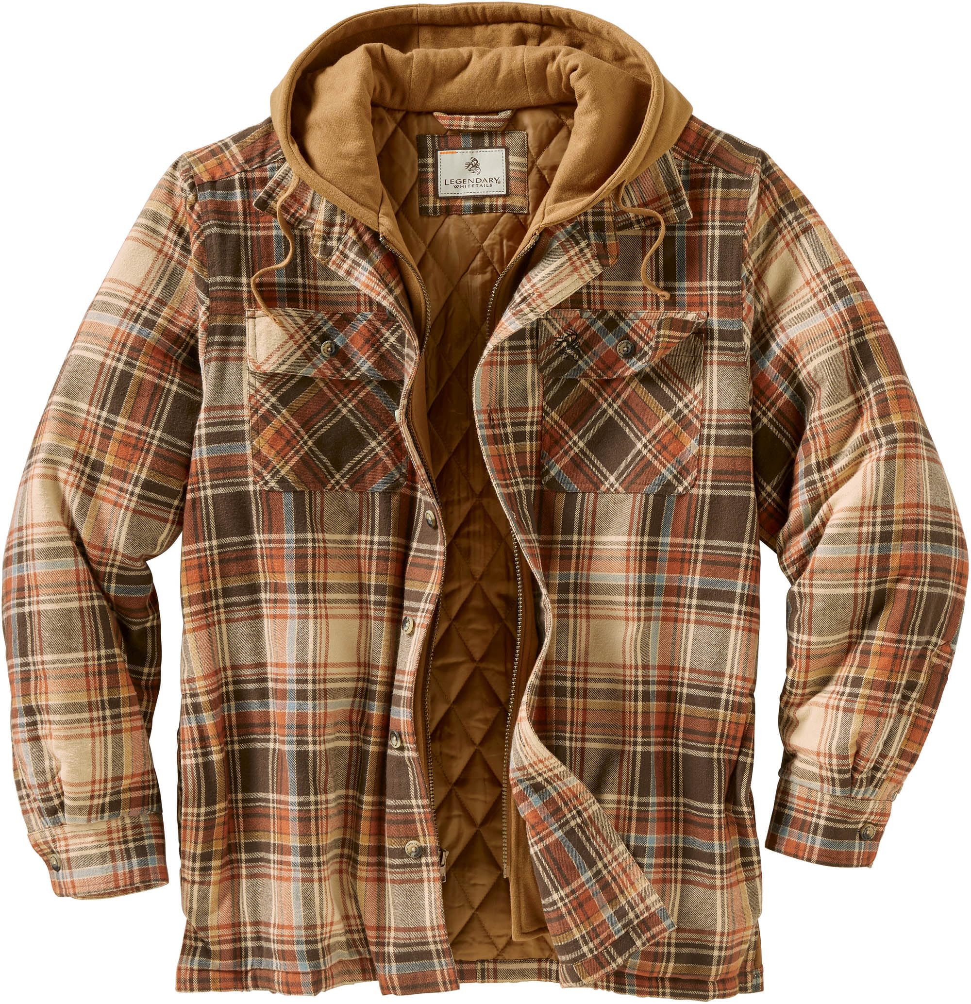 Legendary Whitetails Mens Plaid Flannel Shirt Jacket Quilted with Hood Polyfill Insulated Shacket, Durango Plaid, MED Image
