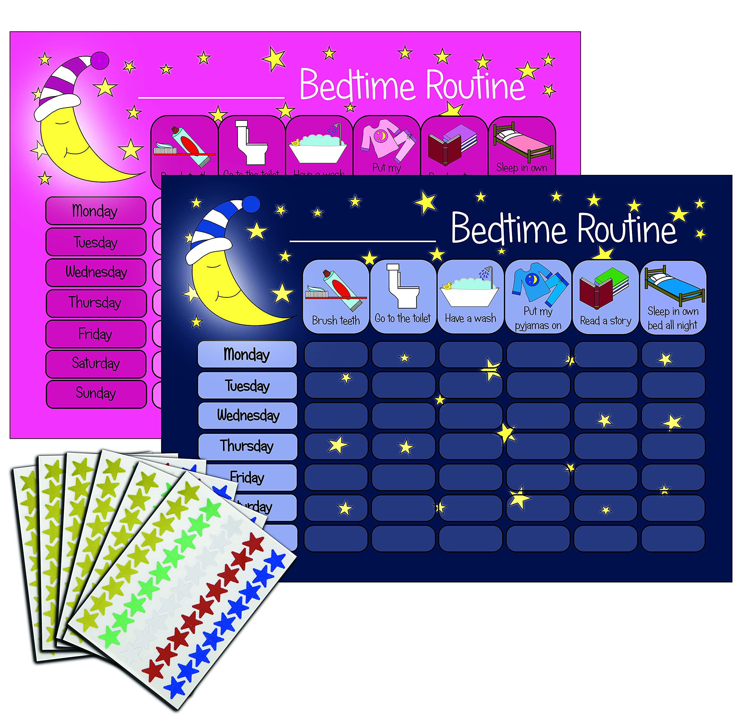 kids2learn Children's Bedtime Routine Chart Reward Chart for Sleep Training Twin Pack (Dark Blue & Pink) for boys girls toddlers With 270 Star Reward Stickers Included