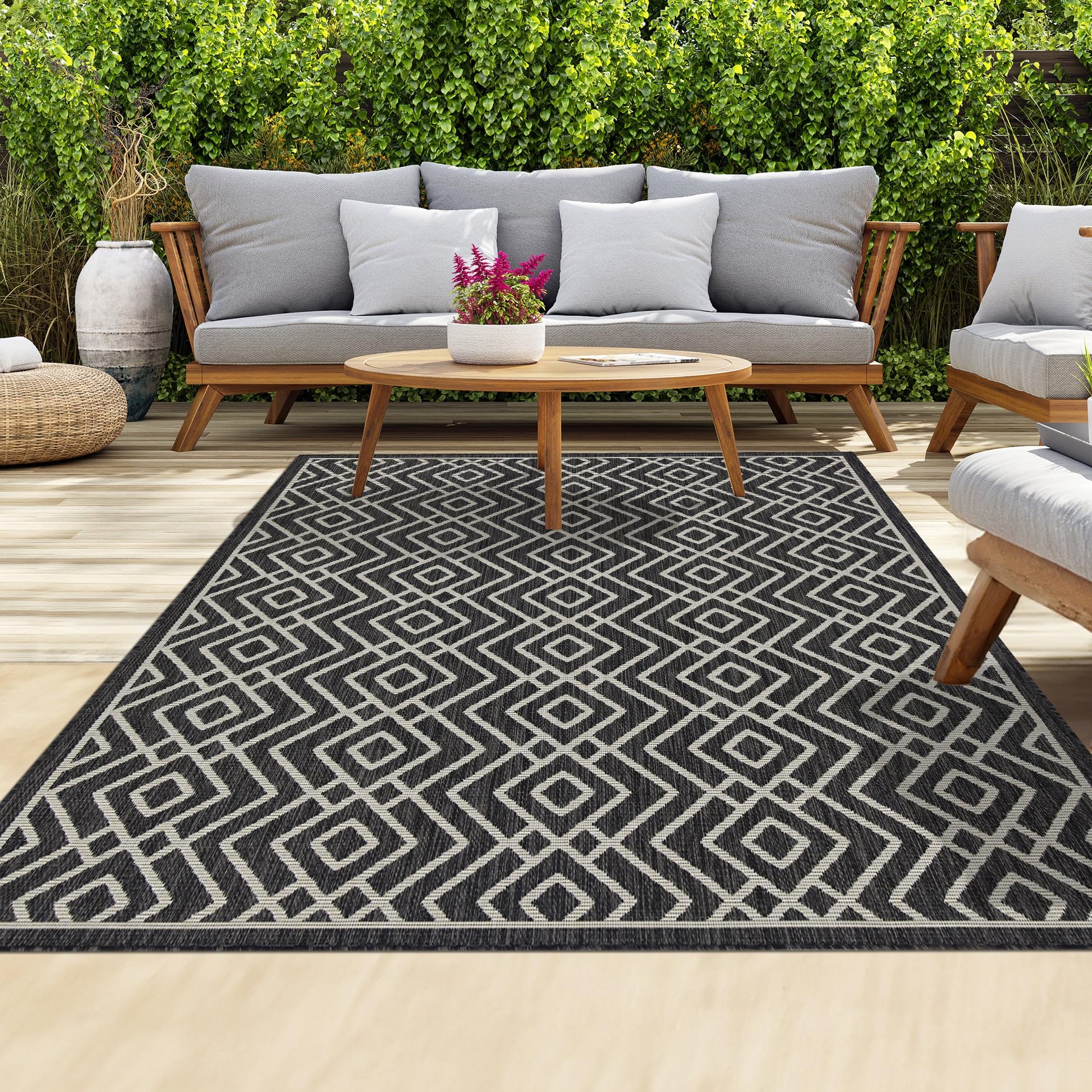 HomeArt Outdoor Rugs | Easy-Cleaning Indoor & Outdoor Area Rugs for Porch, Deck, Balcony, Garden, Picnic, Kitchen, Hallway | UV & Weather-Resistant Large Patio Rug Mats | Anthracite Cream 120 x 170 cm
