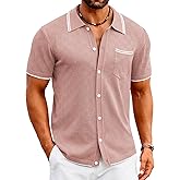 COOFANDY Men's Knit Button Down Shirt Vintage Polo Shirts Short Sleeve Summer Beach Shirts