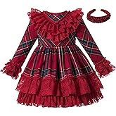 Pettigirl Girls Christmas Winter Vintage Red Plaid Lace Ruffle Layered Teen Party Clothes Long Sleeve Boutique Dress