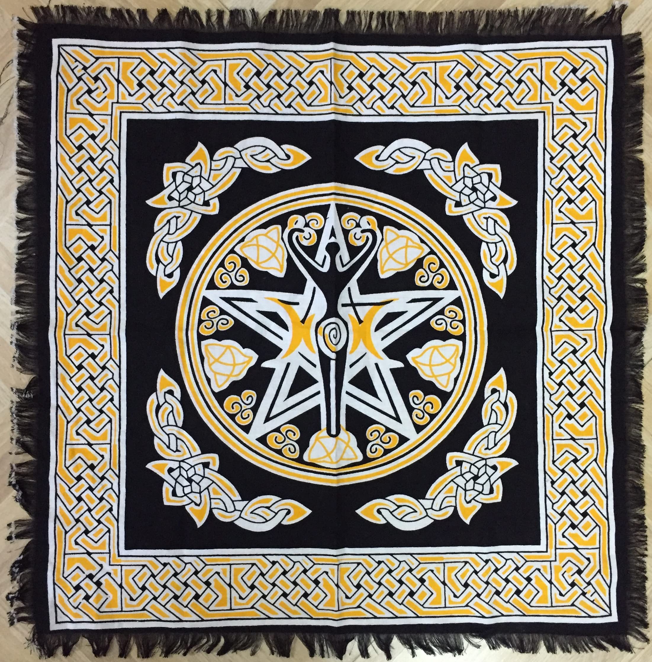 Indian Consigners Goddess Altar Cloth Yellow Triple Moon Pentagram Alter Spread 18”