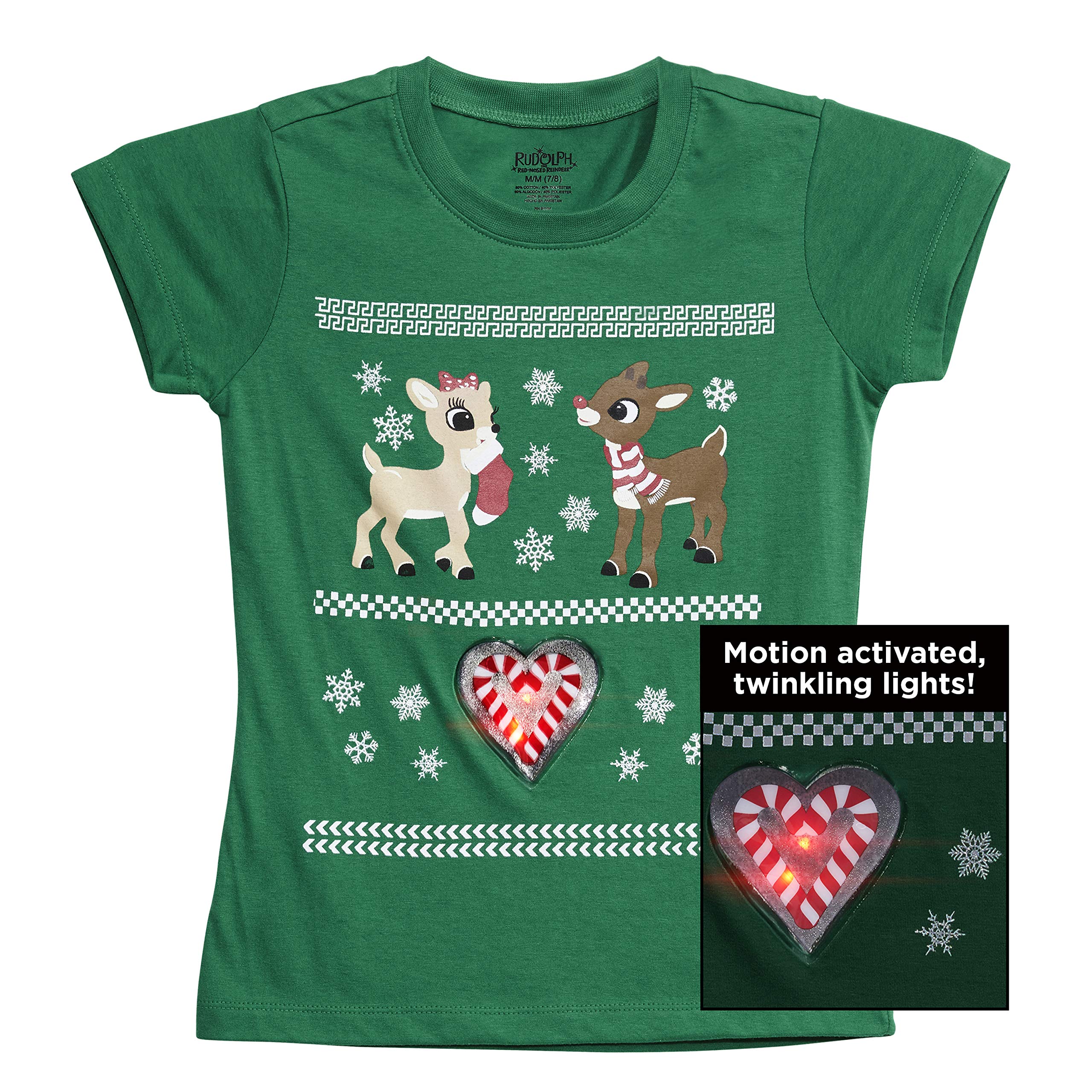 LiteWear Rudolph Girls Motion Activated Light Up Christmas Holiday Tee Shirt