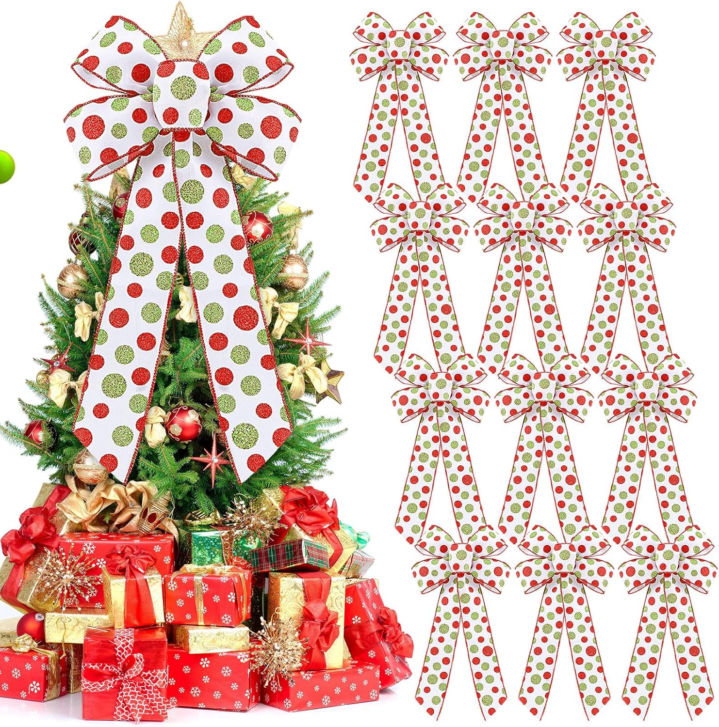Bows & Ribbons - Leyndo 12 Pcs Large Christmas Bow 9'' x 16'' Red Green Glitter Dots Wreaths Bows Elf Decorative Hanging Ornament for Xmas Tree Window Front Door Garland Indoor Outdoor Holiday Decor(White)