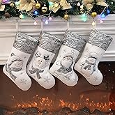 BSTAOFY Christmas Stockings Set of 4 Soft Non-Woven Patterned Santa Claus Animals Socks for Assorted Xmas Tree Hanging Decor Party Ornaments Gifts Kids, Silver