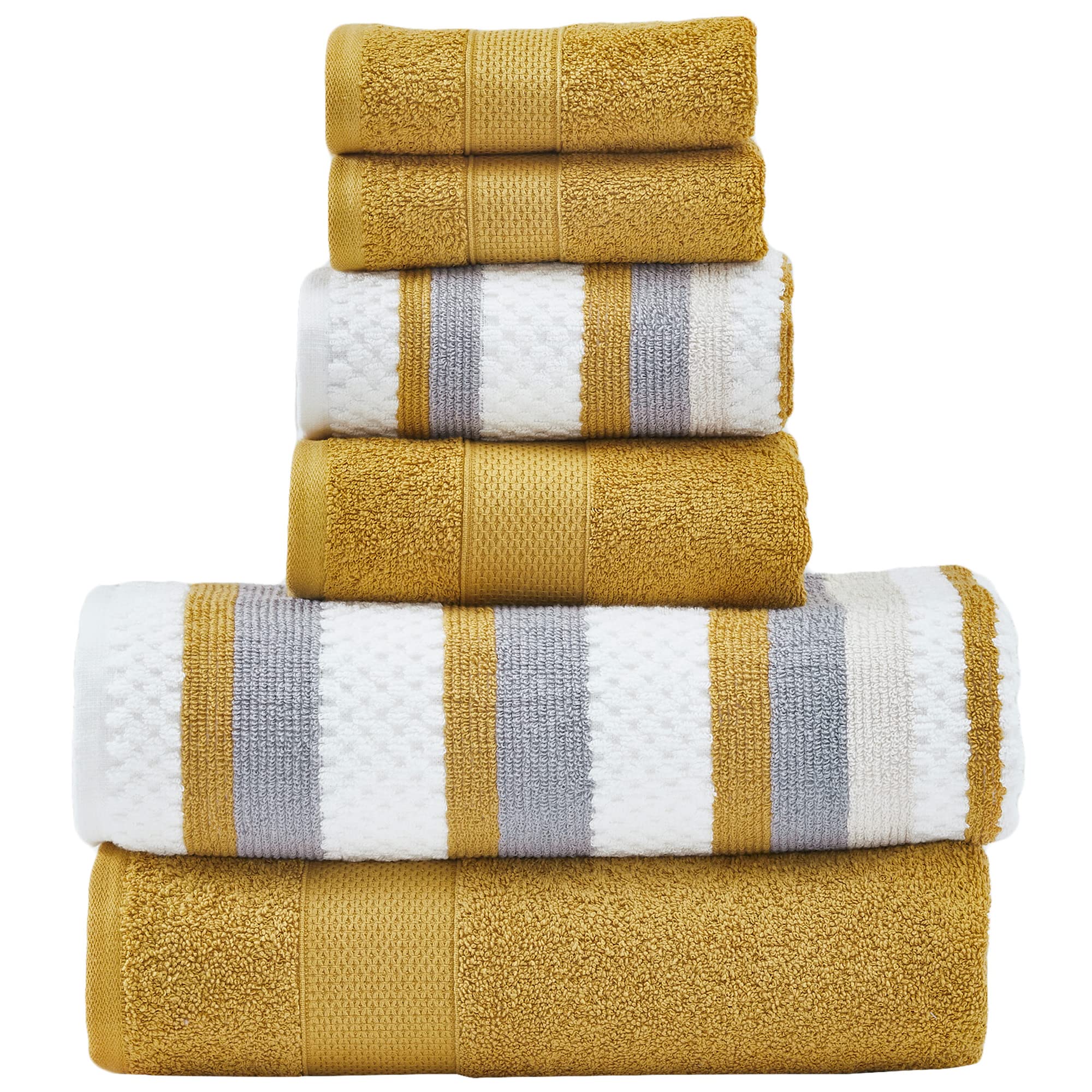 Modern Threads Pax 6-Piece Reversible Yarn Dyed Jacquard Towel Set - Bath Towels, Hand Towels, & Washcloths - Super Absorbent & Quick Dry - 100% Combed Cotton, Mustard (Pack of 8) Image
