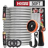 Best 50 ft Metal Garden Hose Set - No-Kink Durable 316 Stainless Steel, 10-Way Zync Spray Nozzle & Hook – Tough Flexible Heavy Duty Water Hoses, Naval Brass, Rust, Weather, LeakProof