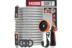 HYPER HOSE Best 50 ft Metal Garden Hose Set - No-Kink Durable 316 Stainless Steel, 10-Way Zync Spray Nozzle & Hook – Tough Flexible Heavy Duty Water Hoses, Naval Brass, Rust, Weather, LeakProof