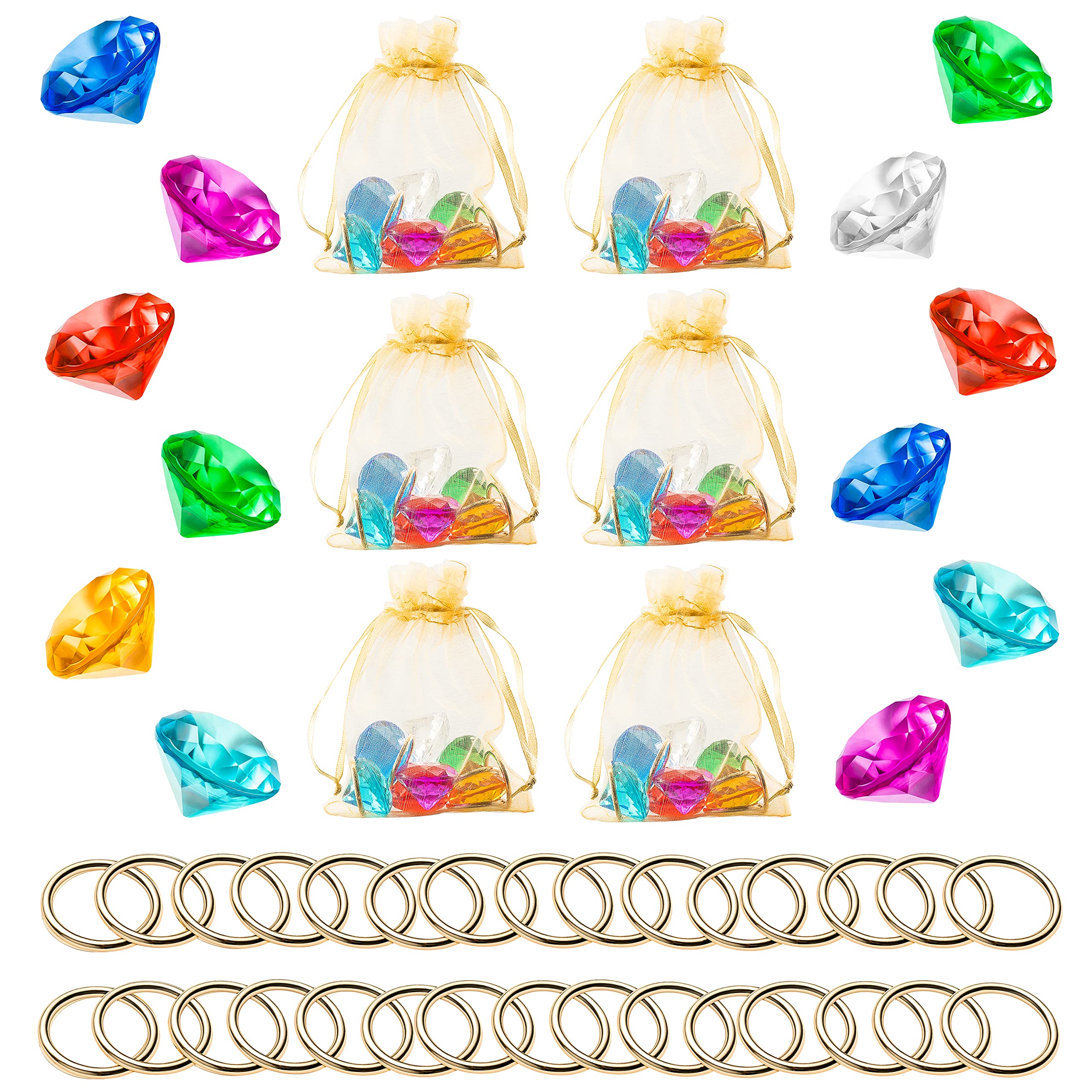 Photo 1 of PANTIDE 78Pcs Acrylic Diamond Gems Jewels Alloy Gold Round Ring Set the Blue Hedgehog Chaos Emeralds Power Rings Party Favor Supplies Cake Decoration Pirate Treasure Chest Hunt with Bag