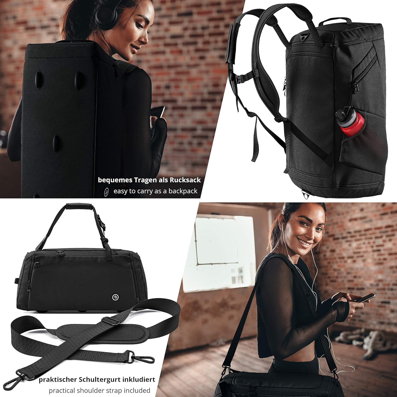 Gym Duffle Sports Bag + Backpack Function, Shoe Compartment - Image 4