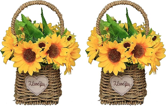 Flikool 2pz Girasoli Finti Fiori Artificiali In Vaso 8 Teste Fiori Decorativi In Seta Disposizione Floreale In Tessere Cesto Di Fiori Pianta Artificiale Per Casa Balcone Matrimoni Uffici Decorazioni Amazon It Casa E