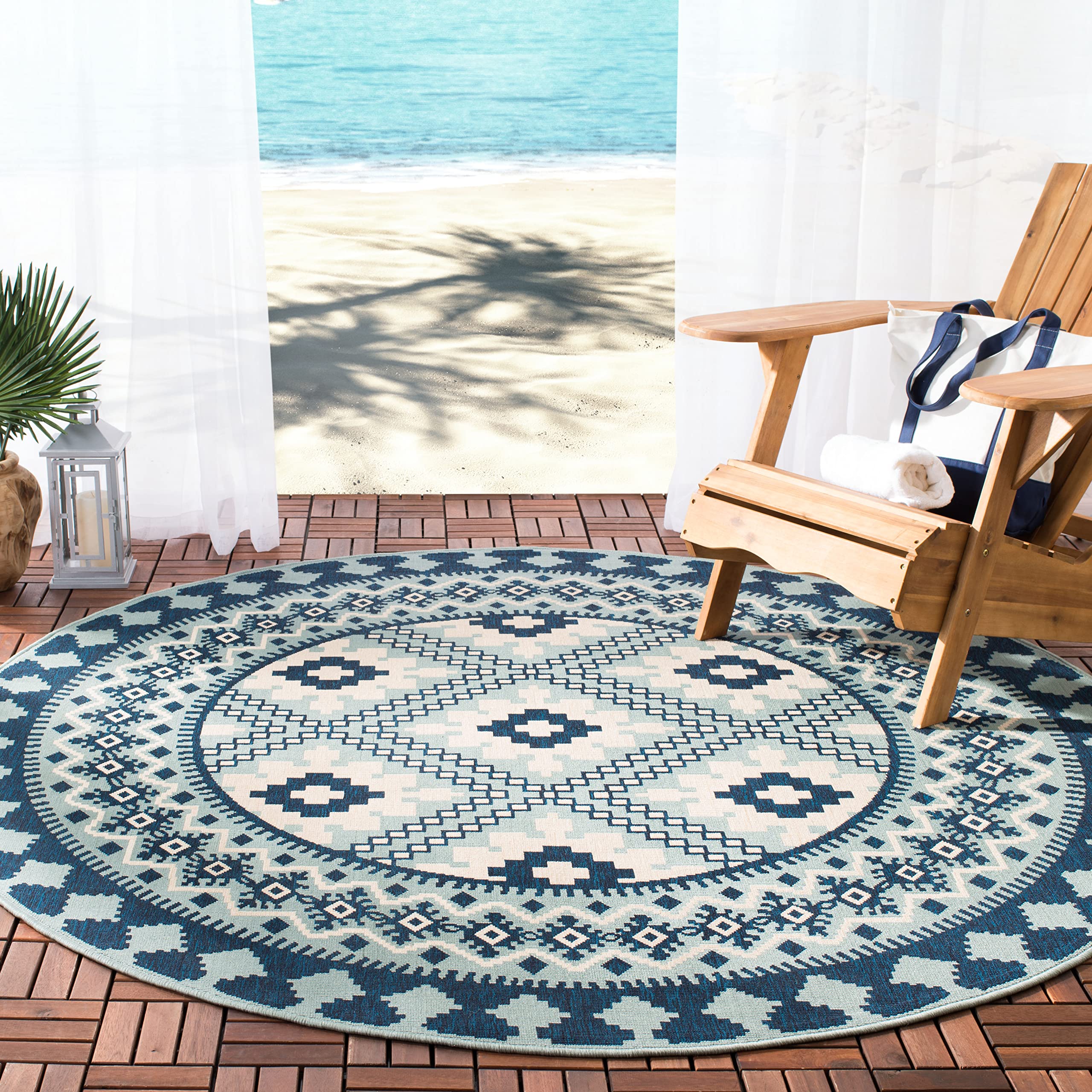 SAFAVIEH Washable Rug Outdoor Veranda Collection - 3' Round, Ivory & Blue, Non-Shedding & Easy to Clean, Ideal for Patio, Backyard, Mudroom (VER099-3934) Image