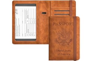 HerriaT Passport and Vaccine Card Holder Combo,Cover Case with CDC Vaccination Card Slot, Leather Travel Documents Organizer Protector, with RFID Blocking, for Women and Men