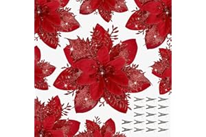 CHILDOM 15 PCS Poinsettia Flower Artificial Poinsettia with Clips Christmas Decor Glitter Poinsettia Christmas Ornaments Christmas Tree Flower Decorations with Stems DIY Xmas Wreath Holiday Home Party Decor