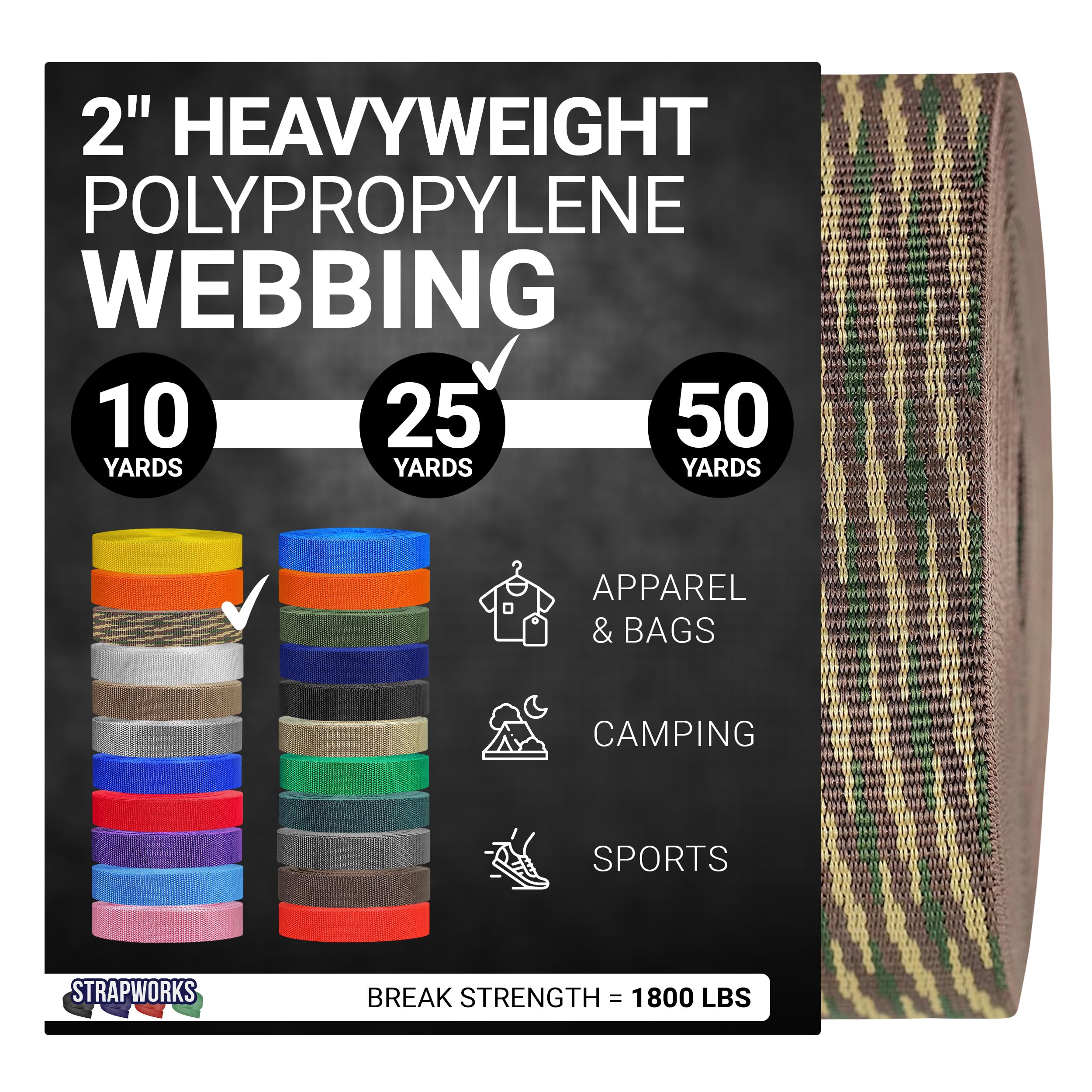 Strapworks Heavyweight Polypropylene Webbing - Heavy Duty Poly Strapping for Outdoor DIY Gear Repair, 2 Inch x 25 Yards - Woodland Camo