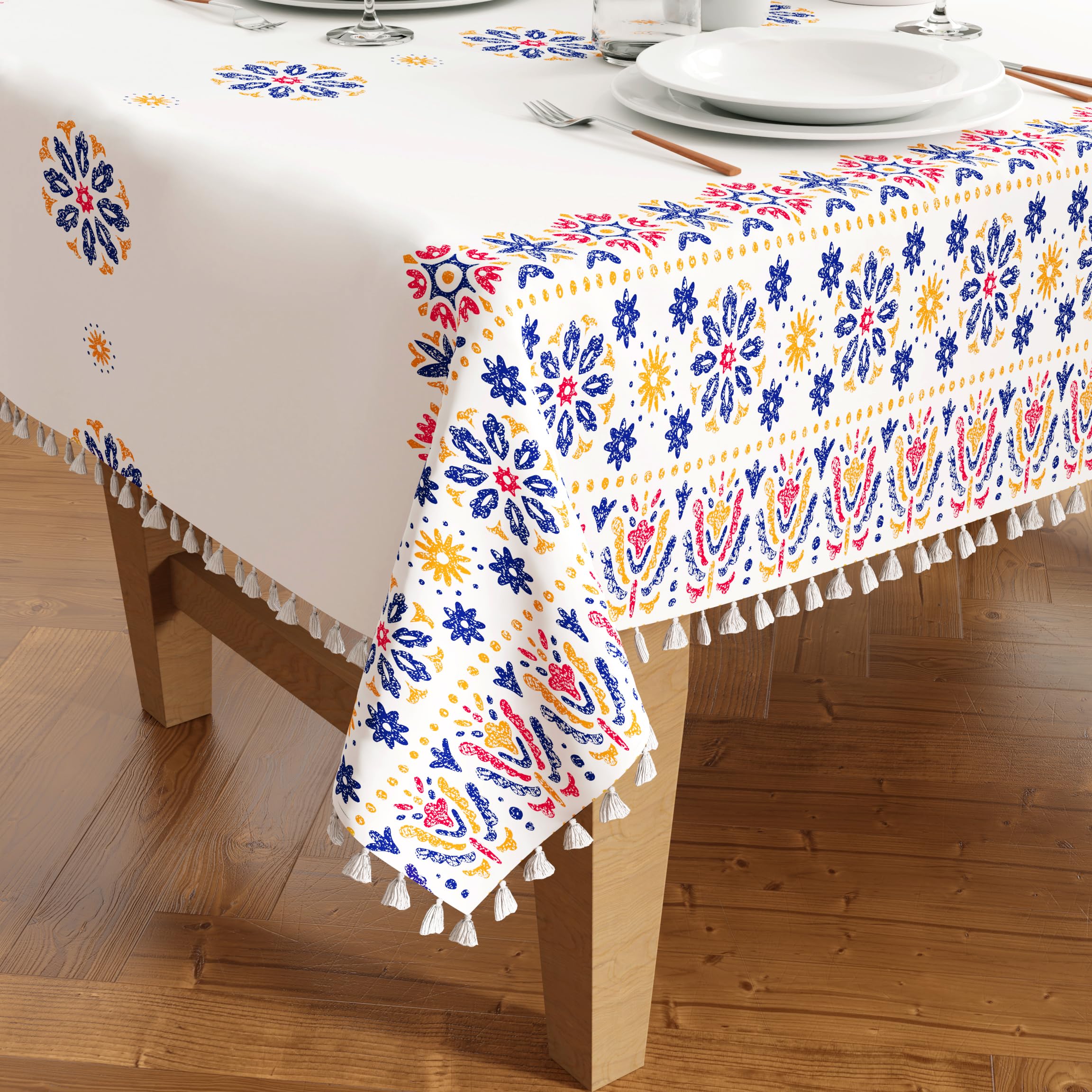 Encasa XO Silky Polyester Table Cloth For 6 to 8 seater Table | Printed Boho Bright Design With Tassels | Use Kitchen Dining, Festivals, Indoor & Outdoor Parties With Size 140x240 cm