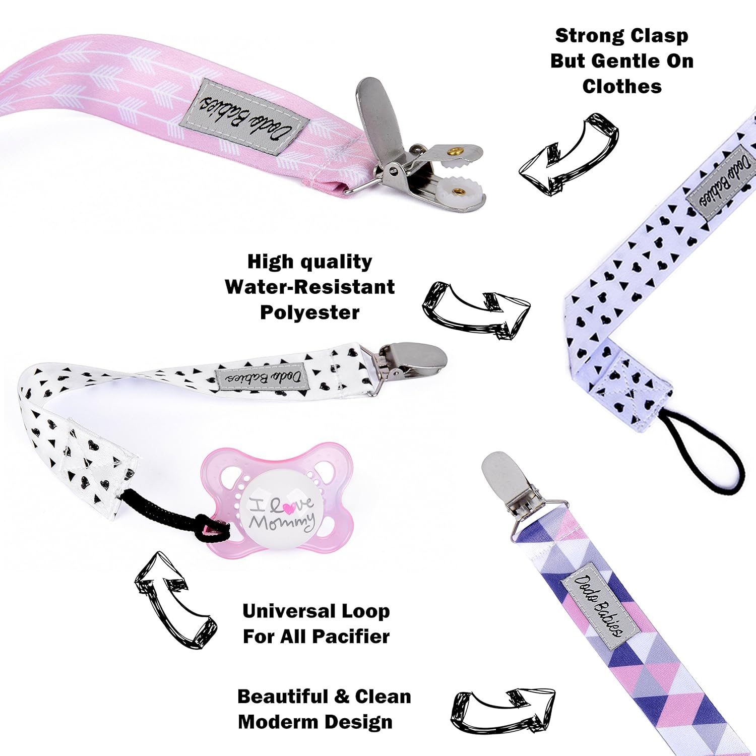 Pacifier Clip by Dodo Babies Pack of 4 + Pacifier Case, Premium Quality for Girls Modern Designs Universal Holder Leash for Pacifiers, Teething Toy or Soothie, Baby Shower Gift Set : Baby